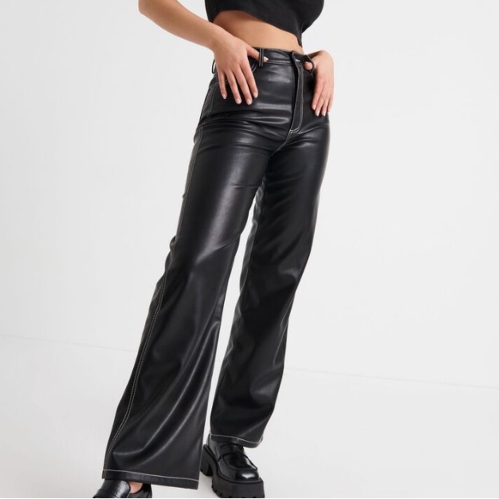 NWTS GARAGE High Waist Straight Leg Black Faux Leather Pants 28/32